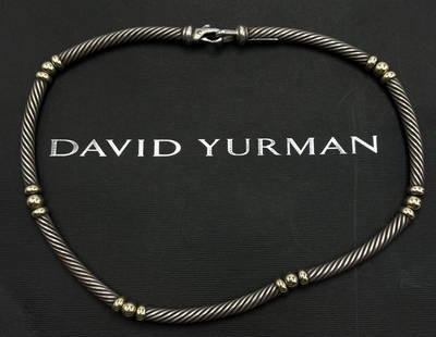 David Yurman 14k & Sterling Silver Metro Cable Choker Necklace: 15" long, total weight 50.6 grams.