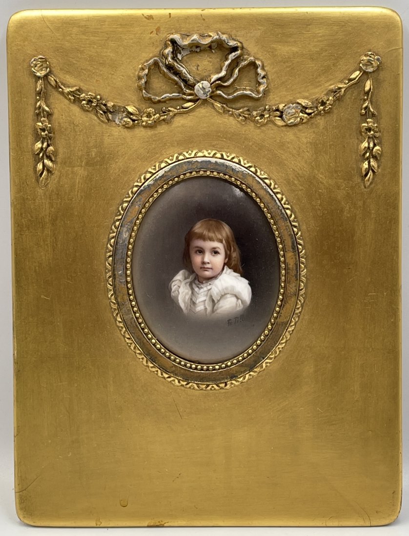 Dresden Portrait Plaque signed Fr. Tilly in Gilded Frame: Portrait plaque of small child, in gilded wood frame with brass back. Signature bottom right. Overall good condition.