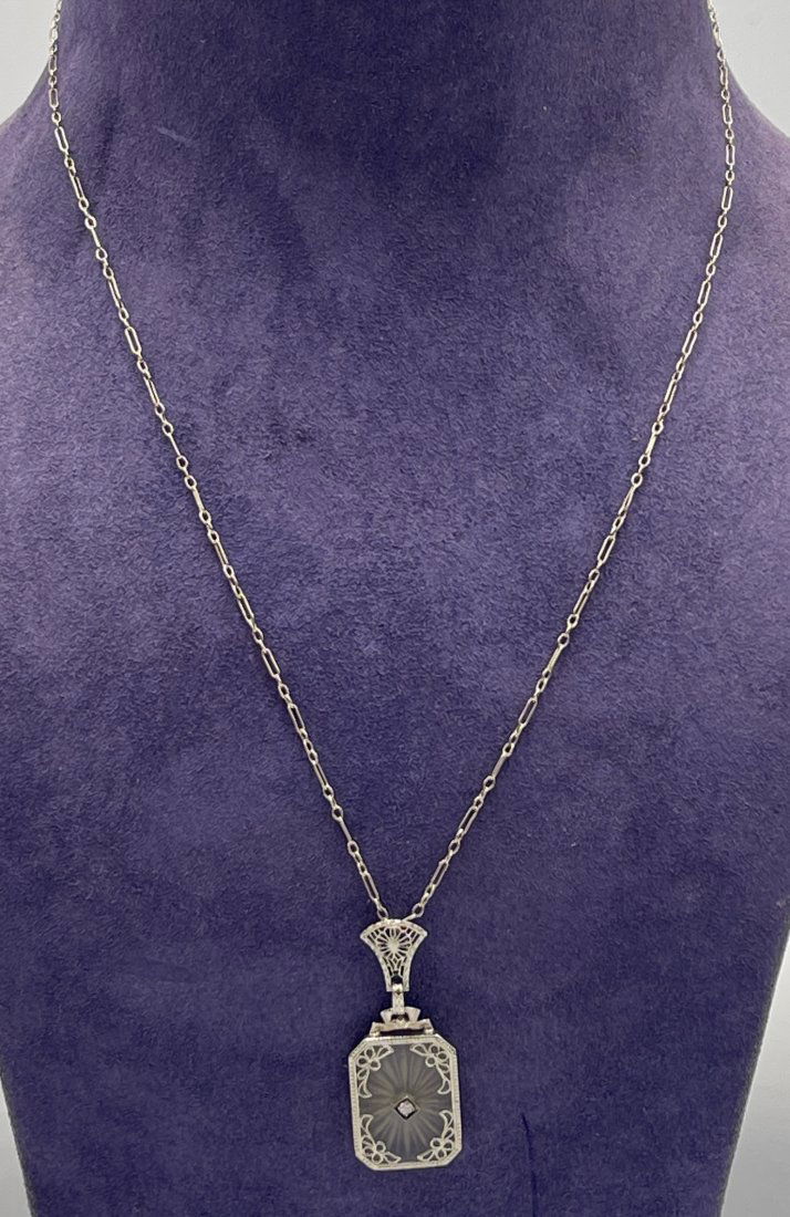 14k White Gold Camphor Glass Necklace Pendant with Diamond (1 of 3)