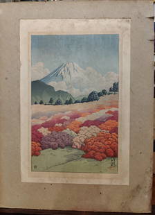 Kawase Hasui Woodblock of Mt Fuji From an Azalea Garden: Kawase Hasui (Japan, 1883 - 1957) View of Mt Fuji from an Azalea Garden, Japan, originally published in 1935 by Watanabe, from the series View of Kennansanso Villa. This is a later edition with publis