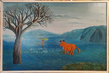 Fritz St Jean (Haiti, 1954 - 2017) O/C Painting Haitian Farm: Very good condition painting depicting a Haitian Farmer with his Bull. A very cool contemporary Haitian painting. Signed lower left.