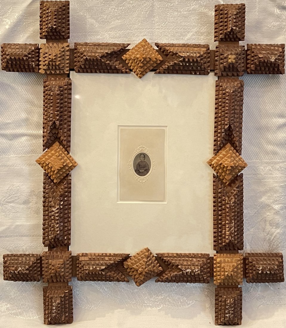 19th Century Tramp Art Frame: Antique tramp art frame, overall good condition. Slight areas of chipping, please see photos.