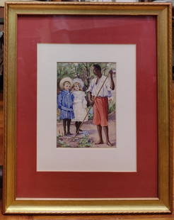 Monogrammed Illustration African American Farmer and Children: A well done early 20th c. watercolor illustration and in very good condition under glass. Monogrammed signed lower left. Work depicts an African American farmer with young children watching him work.