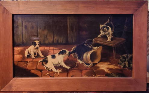 Illegibly Signed 19th c. Victorian O/C Dogs and Cats Playing: Illegibly signed painting on canvas of Dogs and Cats playing. Fair condition with repair, craquelure, scuffing and indenting. Simply framed. Signed lower left. 26.5" x 16.5" overall, 21.75" x 11.75"