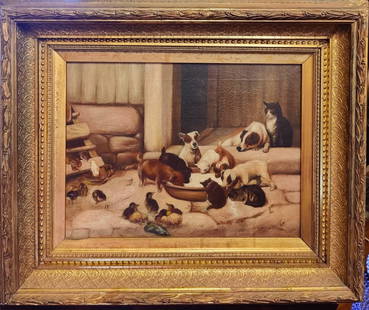 Unsigned 19th c. Victorian O/C Animals Playing in the Courtyard: Unsigned painting on canvas of Kittens, Puppies, Ducklings and Chicks playing and drinking milk. Fair condition with craquelure, scuffing and indenting. Ornately framed and in good condition with