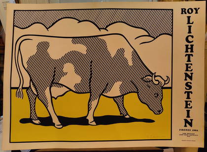 Roy Lichtenstein Pop Art Cow Poster Firenze 1982 Signed: Roy Lichtenstein (American, 1923-1997) Pop Art Cow Poster Signed. Titled "Cow Going Abstract", 1982 and signed lower right in the image. Cow depiction is from the orignal work of a Lichtenstein painti