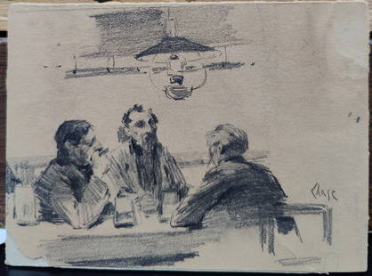 William Merritt Chase Drawing Men in Conversation c. 1900s: William Merritt Chase (New York, California, Indiana, 1849 - 1916) pencil drawing on paper mounted to board. Possibly a study from the early 20th c. Fair condition, with foxing, toning, staining, pape