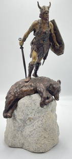 Franz Bergman Nam Greb Austrian Bronze Viking and Bear on Rock: Franz Bergman (Austrian circa 1910) "Viking" Multi polychromed and signed bronze sculpture of a viking and a bear dated 1915. Bergman mark, Nam Greb. Appears to be missing plaque underneath bear.