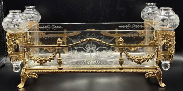 Large Baccarat French Dore Bronze & Crystal Centerpiece: Large finely detailed dore bronze centerpiece with etched Baccarat crystal insert, surrounded by 4 crystal vases. No chips or cracks, in excellent condition. 17 long, 8 wide, 8 high.