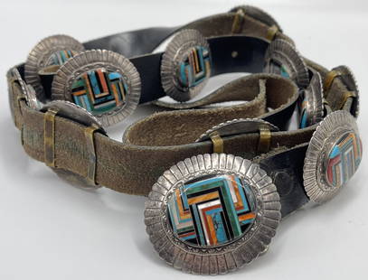 Zuni Sterling Silver Inlaid Slide Concho Belt & Buckle: Total of 11 slide conchos and buckle. Concho measures 1 7/8" long. Belt measures 48" long. Total weight of one concho 25.6 grams.