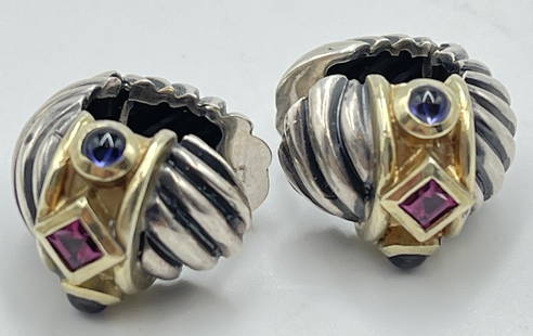 David Yurman Sterling Silver & 14k Yellow Gold Cable Huggie Earrings: Sterling silver & 14k gold with pink tourmaline & tanzanite earrings. Total weight 14.4 grams.