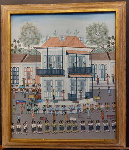 Garry Dorsainvil O/C Folk Art Painting Protest Parade: Garry Dorsainvil (Haiti, 20th c.) Folk Art Haitian City Protest Parade. Good condition and nicely Mid Century framed. 70th Art Gallery Limited gallery label verso.