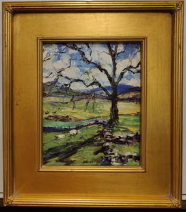 John Maurer Landscape Painting Titled Scottish Pastures: John Maurer (Connecticut, Florida, Europe, 20th c.) O/P painting in very good condition. Titled "Scottish Pasture" depicting sheep in a pasture. Noted, titled, signed and dated 2003 on verso. This is