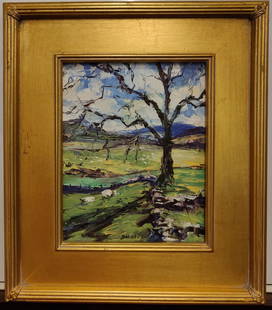 John Maurer Landscape Painting Titled Scottish Pastures: John Maurer (Connecticut, Florida, Europe, 20th c.) O/P painting in very good condition. Titled "Scottish Pasture" depicting sheep in a pasture. Noted, titled, signed and dated 2003 on verso. This is