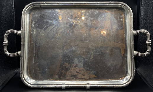 Buccellati Rectangular Sterling Silver Tray: 82.4 troy ounces. Marked Buccellati Sterling around the bottom rim. Large handled tray. Measures 22.5 handle to handle, 14".