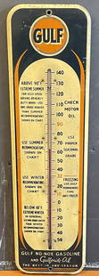 Gulf No Nox Gasoline & Gulfpride Oil Tin Service Station Thermometer: An excellent displaying example of this seldom seen Tin Service Station Thermometer from Gulf advertising for Gulf Gasoline as well as Gulfpride Motor Oils showing various chart recommendations throug