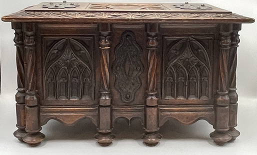 Carved Gothic Revival Walnut Casket Box: Large walnut box with metal mounts. Measurement 15" x 9" x 8.5"