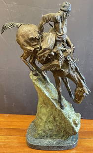 Frederic Remington Bronze Recast Mountain Man: Polychrome bronze, 29" tall.