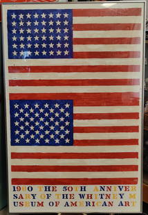 Jasper Johns American Flag Whitney Museum Poster 1980: Jasper Johns (American, b. 1930 - ) Depicts the Double iconic Johns American Flag printed in Color. A Lithograph Screen Print Exhibition Poster for the 1980 50th Anniversary of the Whitney Museum of A