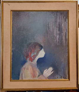 Cool Mid Century O/C Painting of a Young Girl Praying: Illegibly signed Mid Century Expressionist Portrait of a Young Girl Praying. Very good condition and nicely MCM framed. Signed lower right. Frame has edge wear, otherwise in nice condition. 19.25" x 2