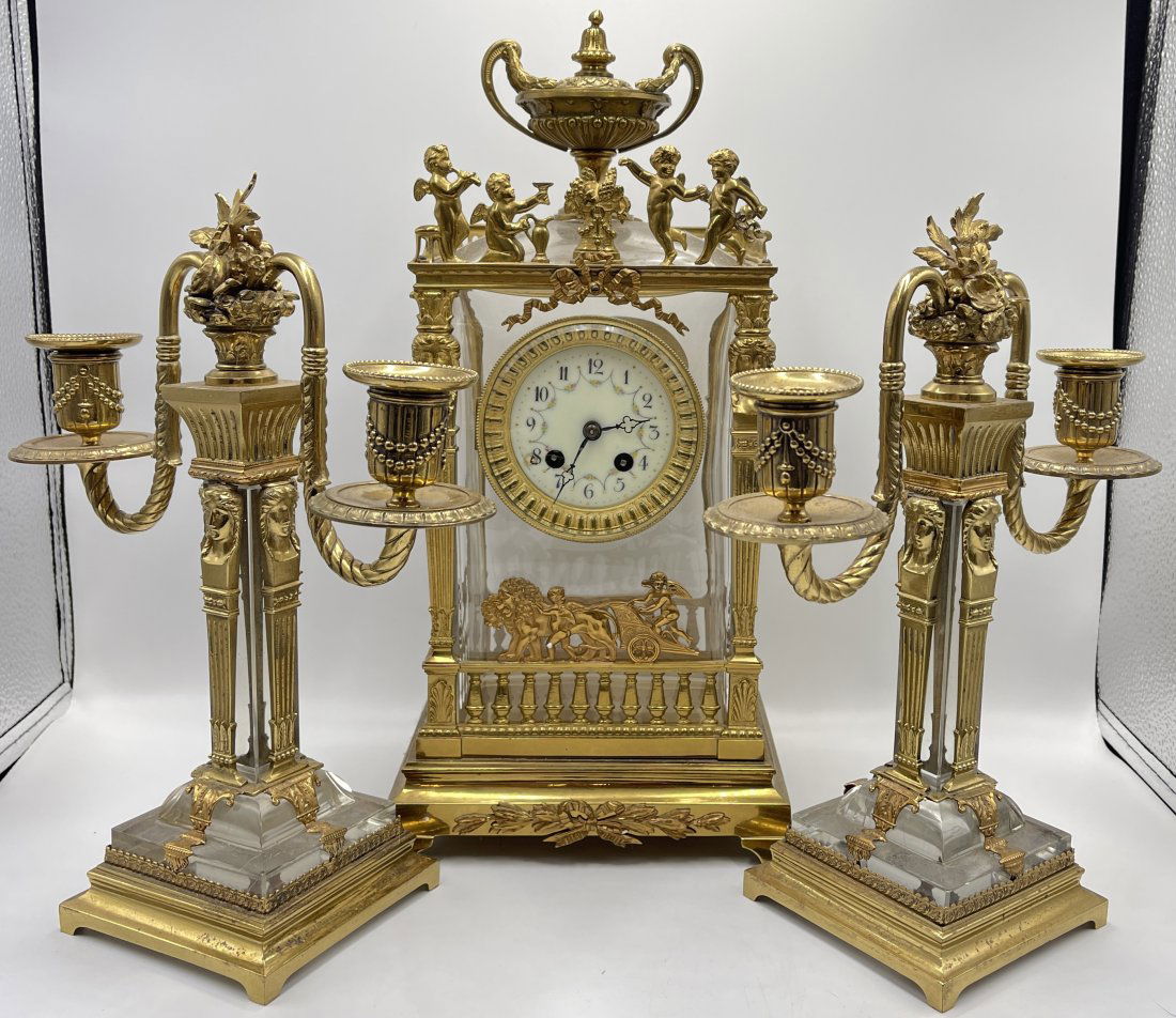 19th C French Bronze & Crystal 3 Piece Clock Set (1 of 9)