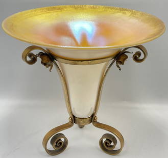 Steuben Aurene on Calcite Vase in Bronze Stand: No chips or cracks to the glass, measures 9 1/2" in the frame, 10" in diameter.