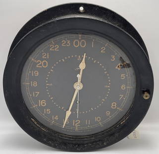 Seth Thomas WWII Military Ships Clock with 24 Hour Dial: Original WWII Seth Thomas Miltary Ships Clock in bakelite case. 24 hour dial with original key, running and keeping time. 10.5 " x 2 3/4".