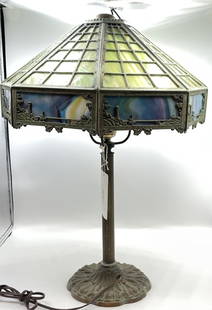 Bradley & Hubbard Slag Glass Shade on Miller Lamp Base: Two tone slag glass with scenic panels around the border with lighthouses. On Miller lamp base. Overall very good condition. Measures 22" to the top of the finial, 15" in diameter across the bottom of