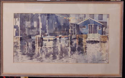 Illegibly Signed New England Boat Launch Watercolor