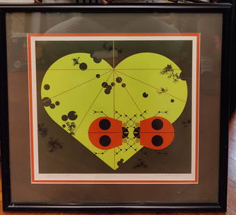 Charley Harper L/E Ladybug Lovers Serigraph Print: Charley Harper (Ohio, West Virginia, 1922 - 2007) serigraph titled "Ladybug Lovers" pencil signed and numbered 994/1500. Very good condition under glass. 13" x 11.5" sight.