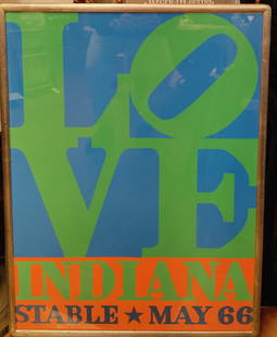 Robert Indiana Iconic Pop Art Stable Gallery LOVE Poster: Robert E. Indiana (New York, Maine, Indiana, 1928 - 2018) Iconic Pop Art Silkscreen LOVE Poster from the Stable Gallery May '66. Very good condition under glass. eva lee gallery label and notation ver