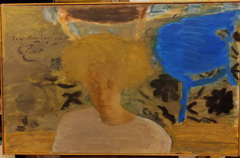 Jan Rauchwerger O/C Galit w Blue Hair Shades of Feeling: Jan Rauchwerger (Israel, Soviet Union, b. 1942 - ) O/C painting titled "Galit with Blue Hair" 1986. Good condition, with light scuffing overall. Wood edge framed and in fair condition. Painting needs