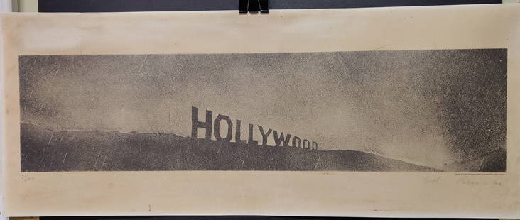 Ed Ruscha L/E Lithograph Hollywood in the Rain 1969 Signed: Ed Ruscha (Nebraska, California, b. 1937 - ) limited edition 21/220 lithograph titled "Hollywood in the Rain" 1969. Fair condition with mat burn, toning, foxing and staining. There is a puncture hole