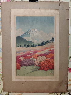 Kawase Hasui Woodblock of Mt Fuji From an Azalea Garden: Kawase Hasui (Japan, 1883 - 1957) View of Mt Fuji from an Azalea Garden, Japan, originally published in 1935 by Watanabe, from the series View of Kennansanso Villa. This is a later edition with publis