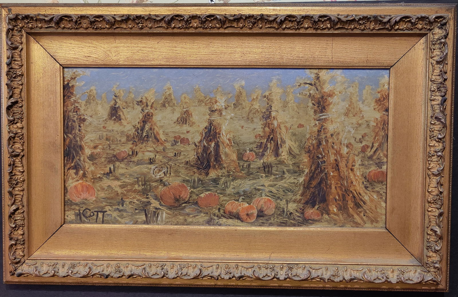 Hugh Cott Signed O/C Landscape Haystacks and Pumpkins (1 of 4)