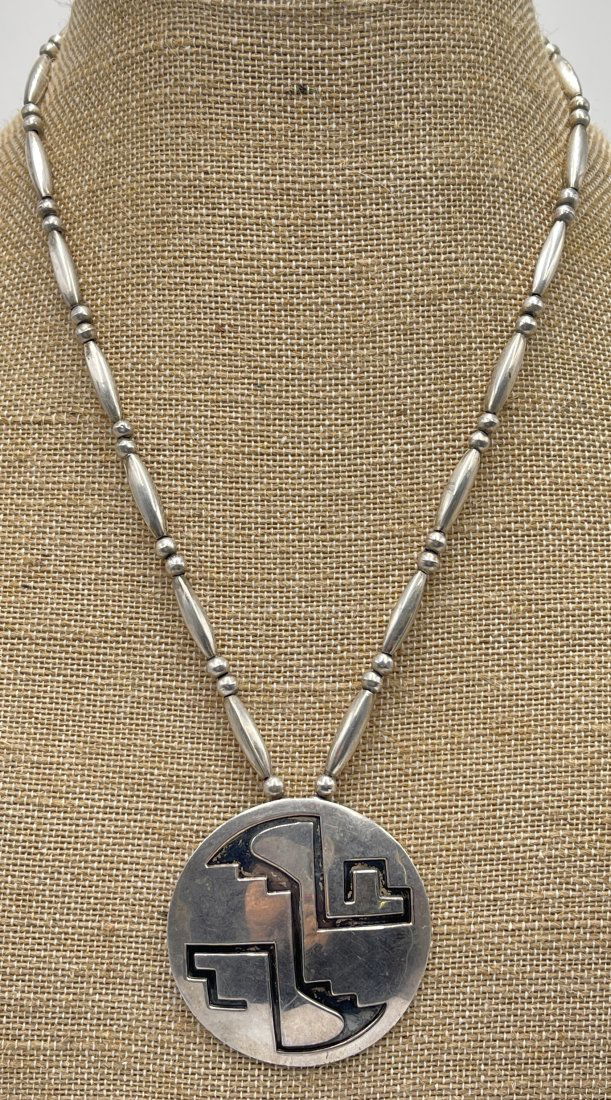 Native American Hopi Inlay Sterling Silver Pendant & Bench Beads Necklace (1 of 3)