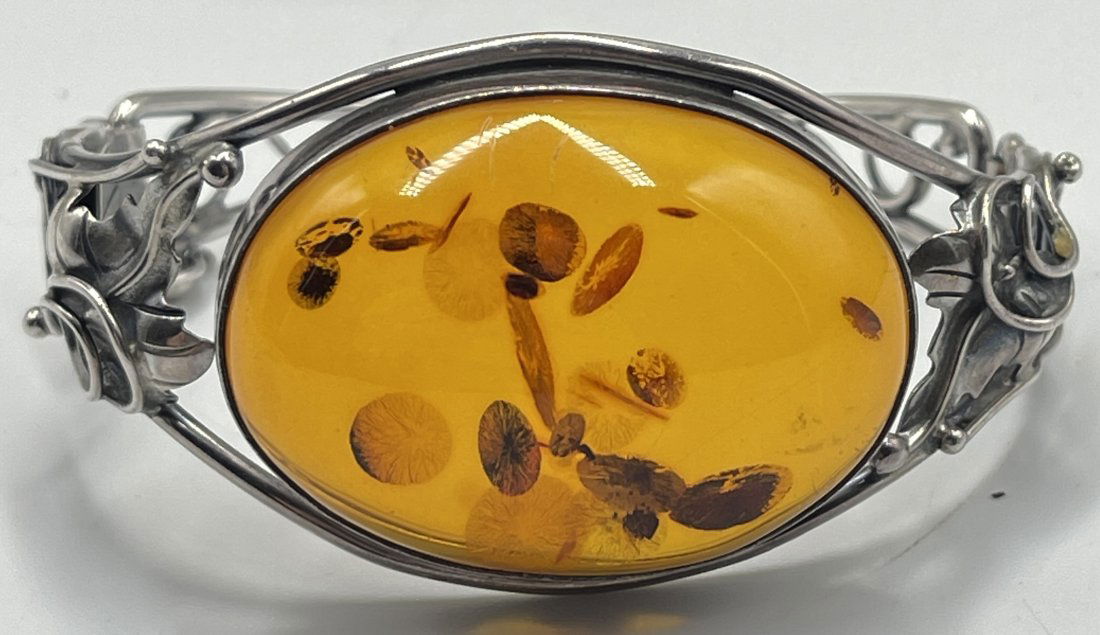 Art Nouveau Sterling Silver & Amber Bangle Bracelet (1 of 4)