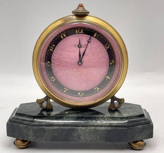 Gubelin Guilloche Enamel & Green Marble Miniature Desk Clock: Fine quality clock, pink guilloche face with green marble base, topped with cabochon carnelian. Working condition, 7 day running. Fully jeweled mechanical.