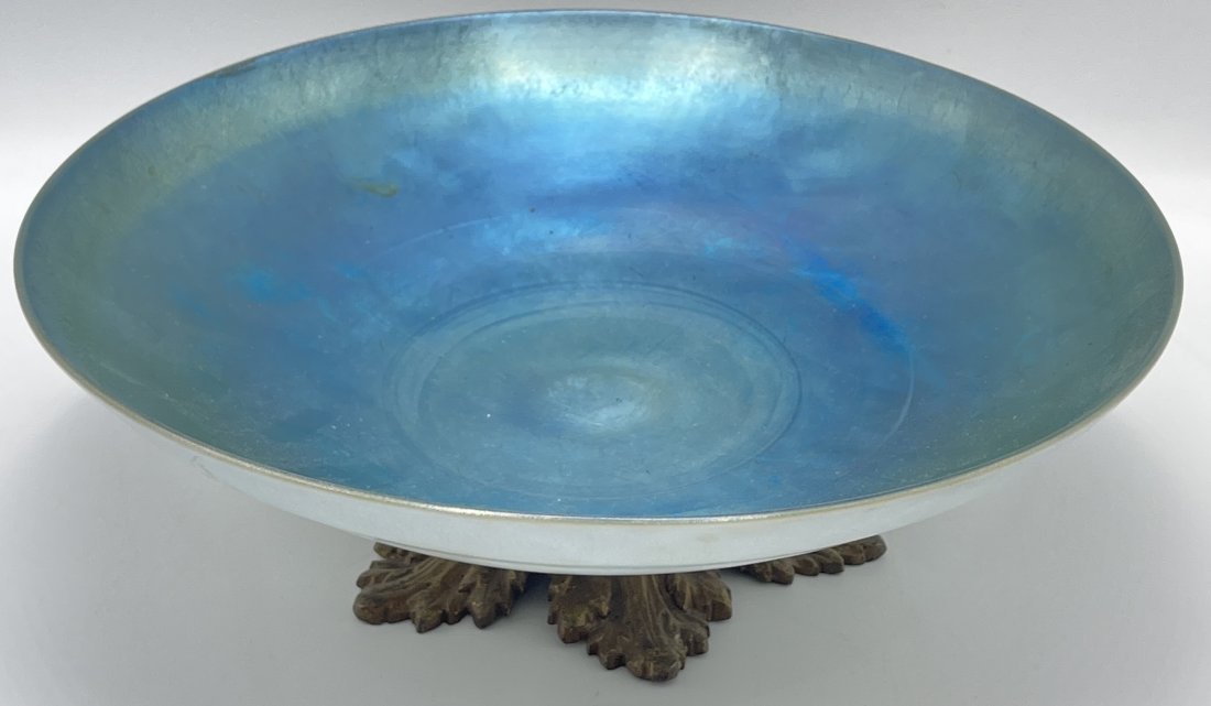 Aurene Art Glass Centerpiece Possibly Steuben: Bronze mounted, blue aurene bowl. No chips or cracks.