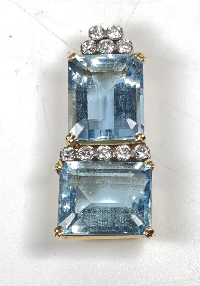 Retro 14k White Gold Aquamarine & Diamond Pendant: Large emerald cut aquamarine, approx 15 carats each with approx 1/2 carat of diamonds set in 14k white gold. Total weight 12.8 grams.