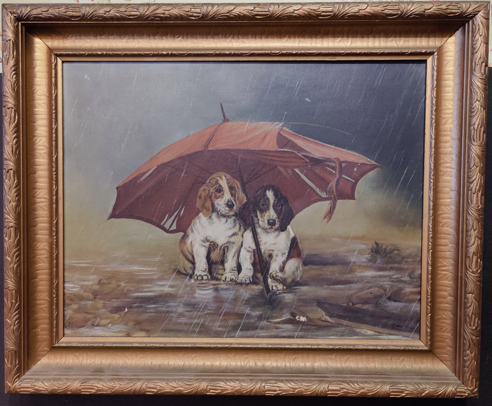 Unsigned Early 1900s O/C Adorable Dogs Under an Umbrella (1 of 3)