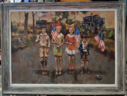 John Dobbs O/C Titled 4 Children American Flags Celebration: John Barnes Dobbs (New York, New Jersey, 1931 - 2011) O/C painting in good condition, with one small puncture, barely noticeable from the front. A very cool image of Children with American flags at a