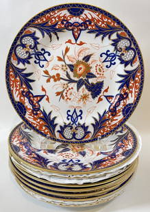 Set of 10 19th Century Imari Minton Hand Painted Dinner Plates: Overall good condition, no loss to the gilding. No cracks or chips. 10" long.