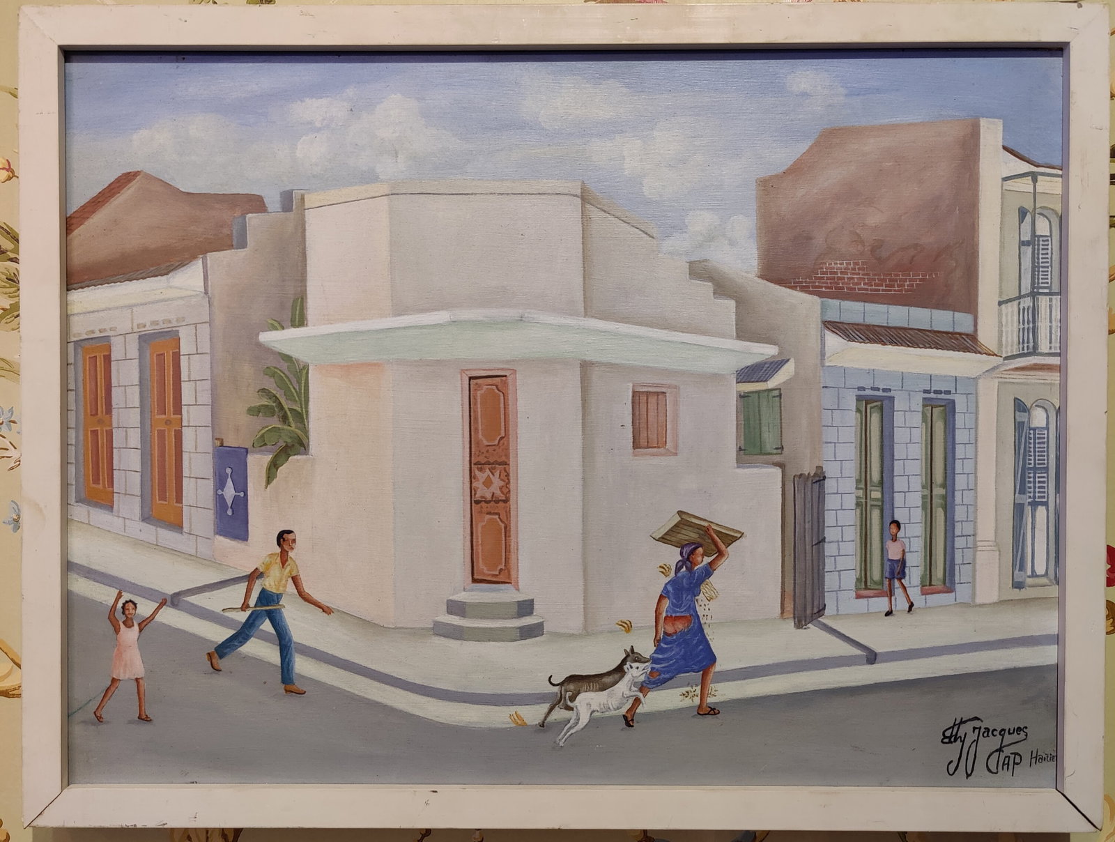 Eddy Jacques O/B Haitian Street Scene Painting: Eddy Jacques (Haiti, b. 1957 - ) O/B Haitian street scene in very good condition. White painted wood edge framing in good condition, with wear around the edges.