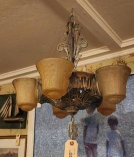 Art Deco Slip Shade Chandelier: 5 shades, needs rewiring. Wear to patina, no damage to glass.