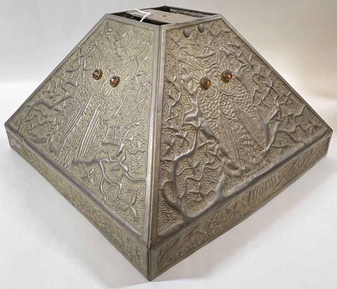 Arts & Crafts Punched Brass Lampshade w/ Owl Jeweled Eyes (1 of 4)