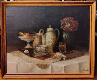 Illegibly Signed O/C Still Life Painting w/ Roses and Tea Service: Very good condition mid century Still Life painting on canvas. Painting is signed lower right.