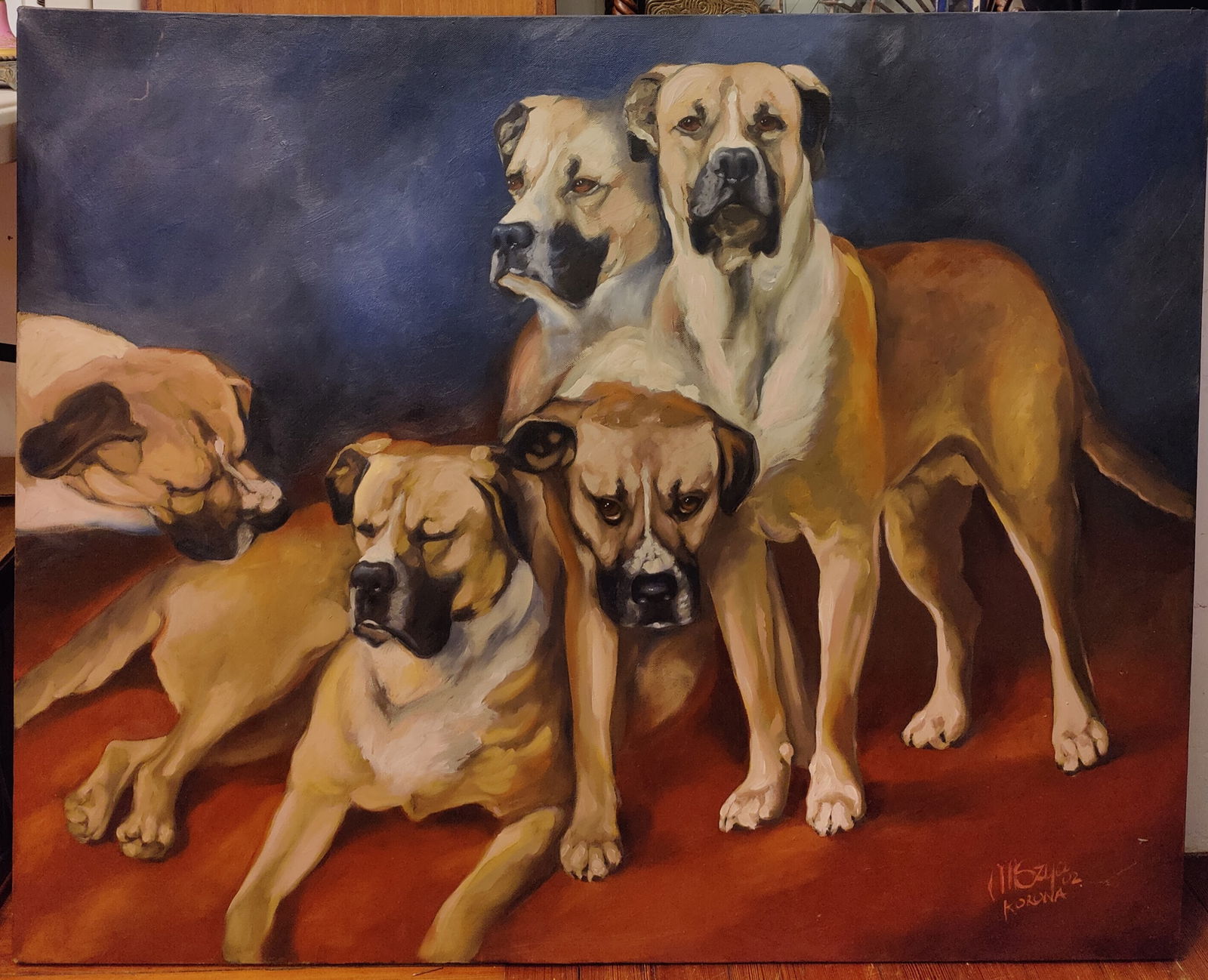 Illegibly Signed O/C Painting of Five Pensive Bull Mastiff's (1 of 3)