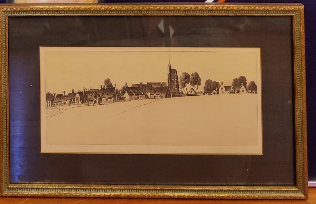 John Taylor Arms Etching Cavendish Common II 1942: John Taylor Arms (American, 1887 - 1953) etching titled "Cavendish Common" II 1942. Good condition, with toning and foxing visible under the glass. Etching is noted II in the print. Etching has a deep