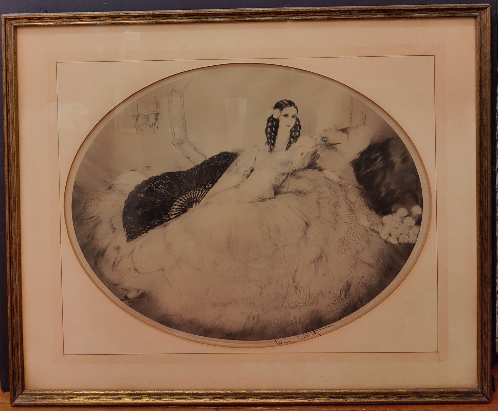 Louis Icart Etching Titled The Black Fan w/ Windmill Stamp (1 of 5)